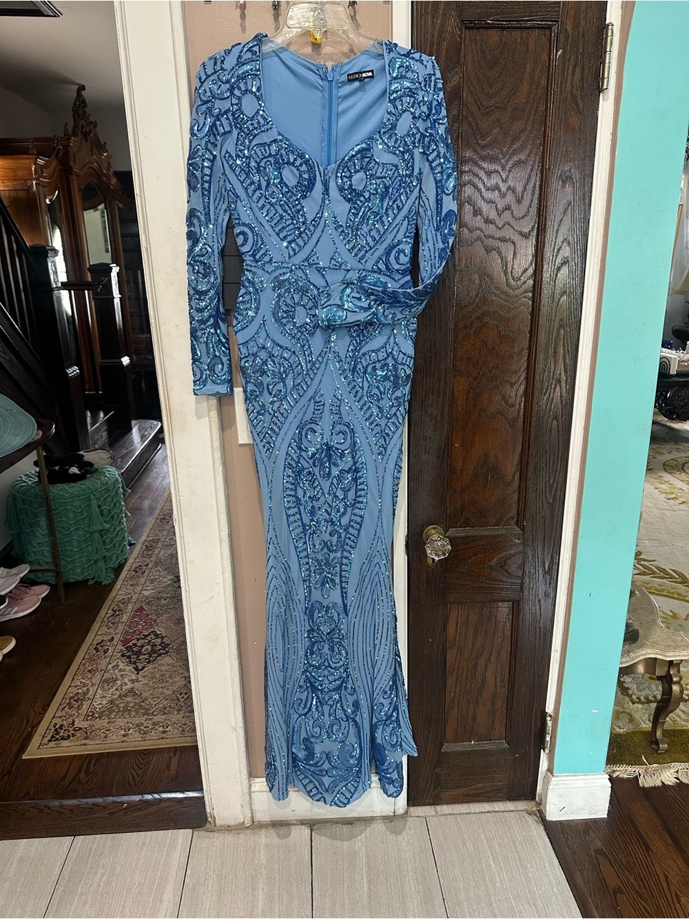 Fashion Nova Dusty Blue Beaded Long Sleeve Evening Gown